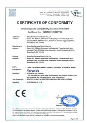 Suzhou Farwide Electric, ACS Serisi Frekans Dönüştürücüleri için CE Sertifika...